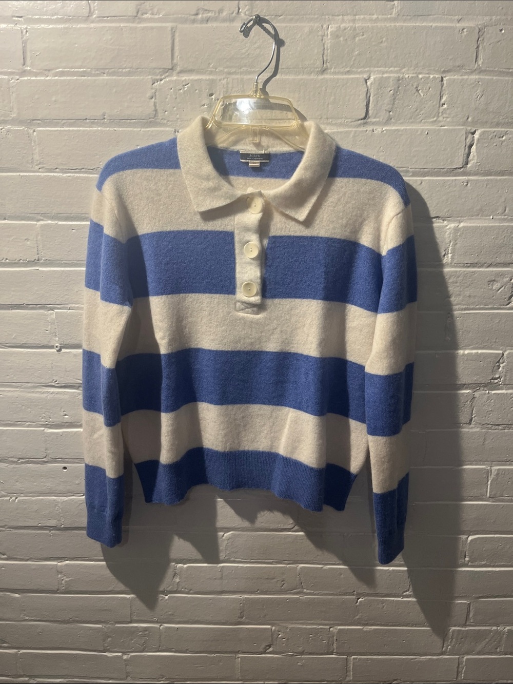 J. Crew Cashmere Blue and Cream Striped Polo Sweater